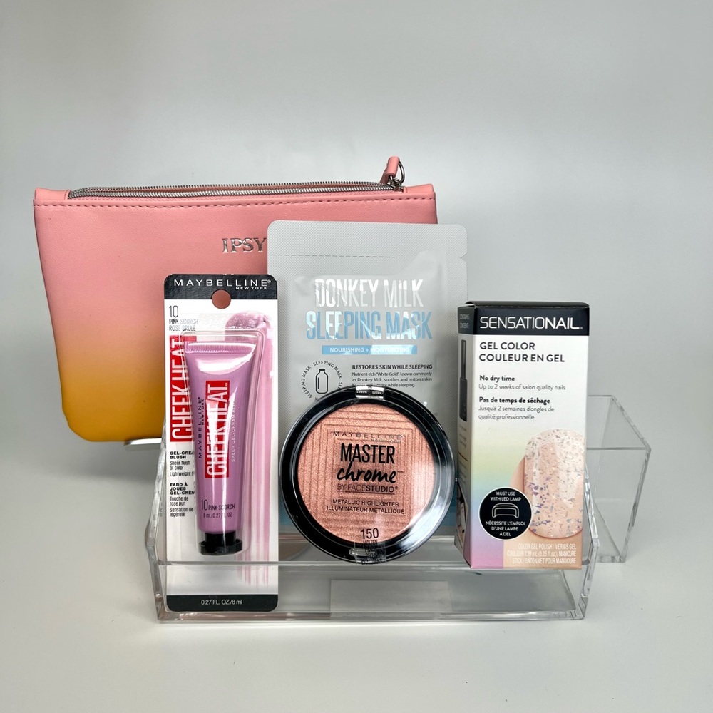 Custom IPSY makeup bag and Full size products: Face Studio, Maybelline, Soo Ae.
